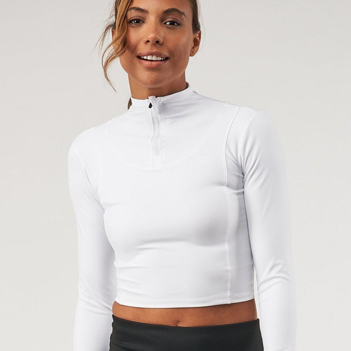 WHITE LONG SLEEVE CROP TOP WITH 1/2 ZIP