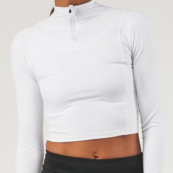 WHITE LONG SLEEVE CROP TOP WITH 1/2 ZIP